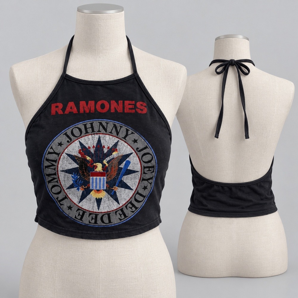 Ramones Y2K Halter Crop Top Punk Faded Black Presidential Seal Graphic